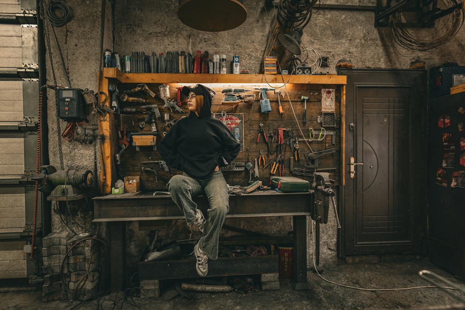 Young adult in an industrial workshop with tools, embracing urban lifestyle.
